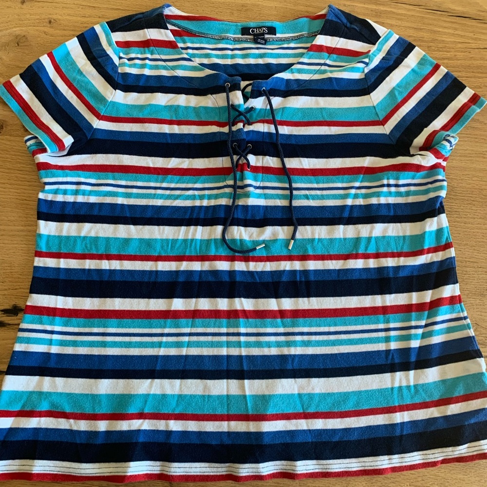 Chaps Striped Short Sleeve Lace Up Tee Shirt Women’s 2X Red White Blue‎ Preloved